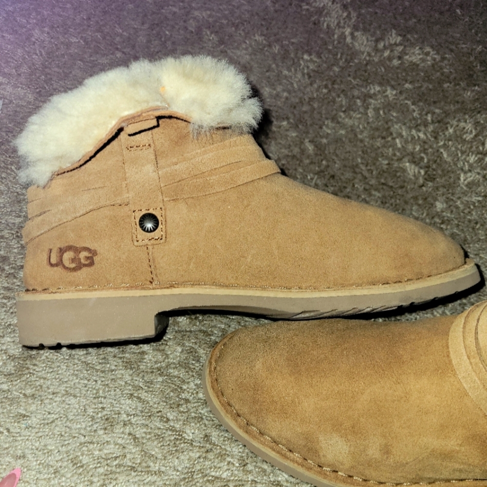 UGG Tan Suede Boots with Fur Trim